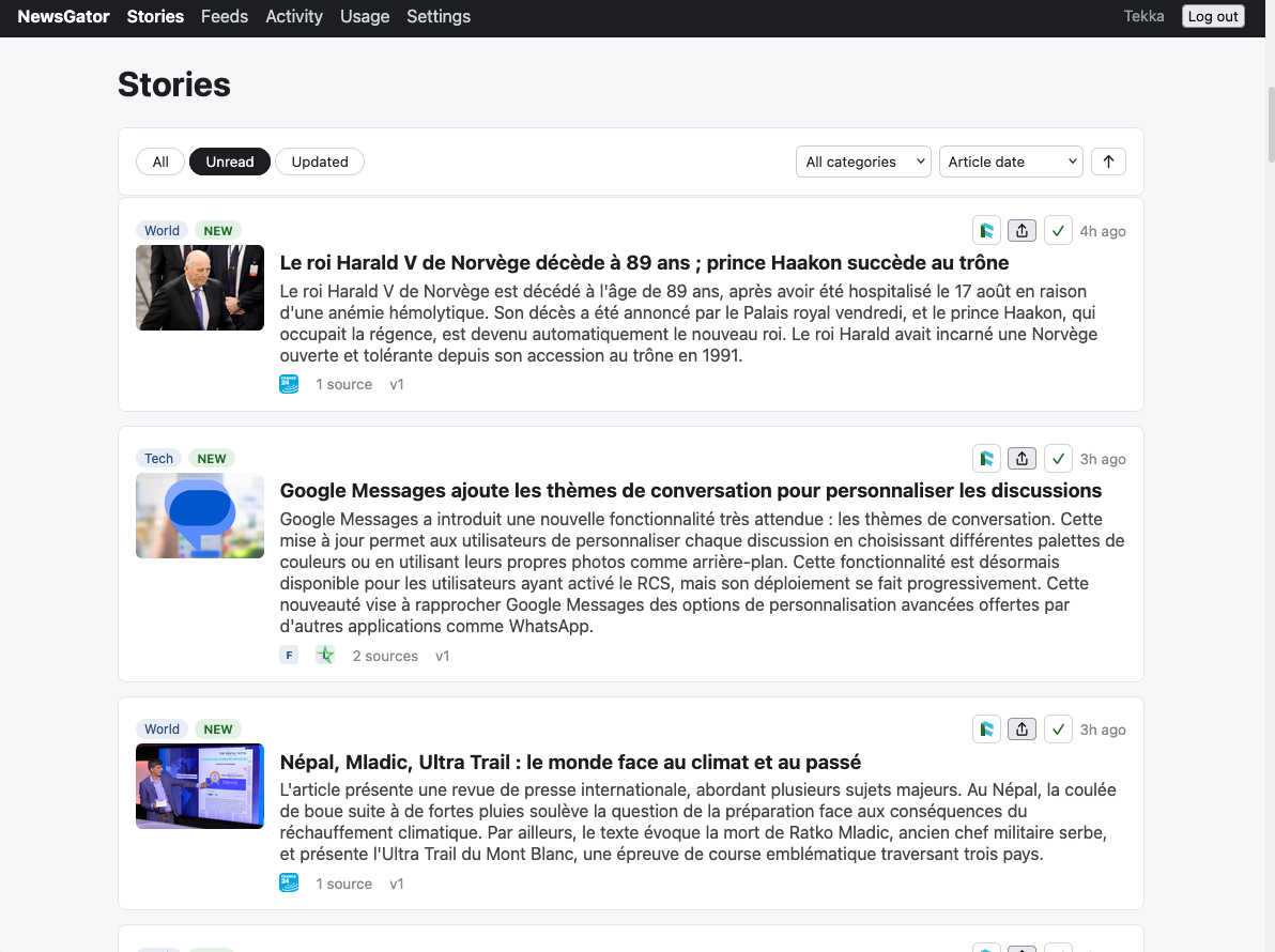 The Stories list — one card per event, with sources and summary